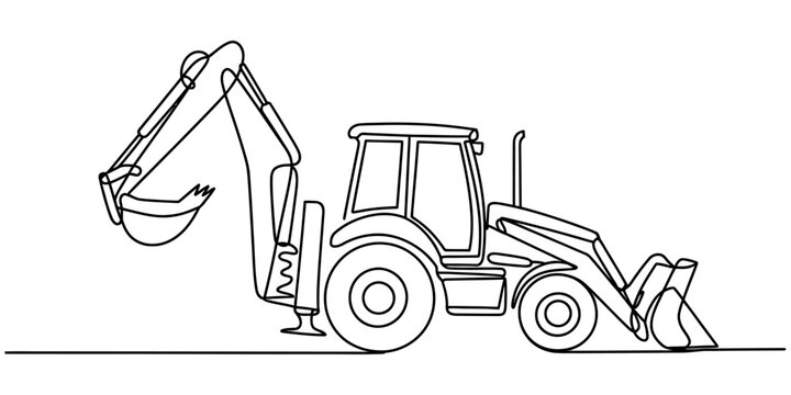 Continuous single line drawing of a construction backhoe loader tractor vehicle for heavy earthmoving work on a building site in a simple minimal style Vector, illustration