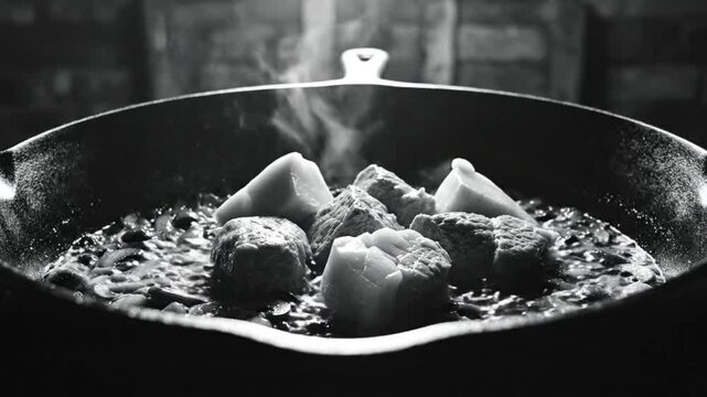 Black and white close up of meat cubes being dropped into a simmering skillet with mushrooms and onions
