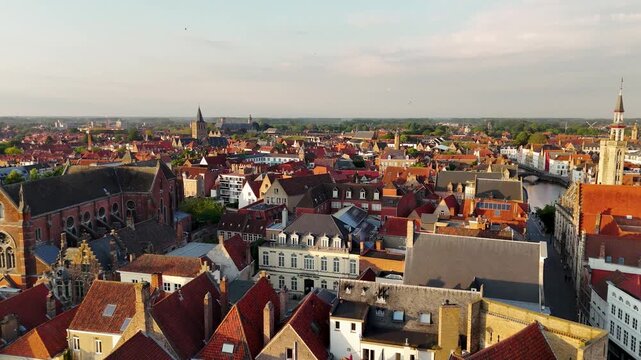 Bruges Historic Center Aerial View at Golden Hour, Medieval Architecture and Rooftops, Belgium