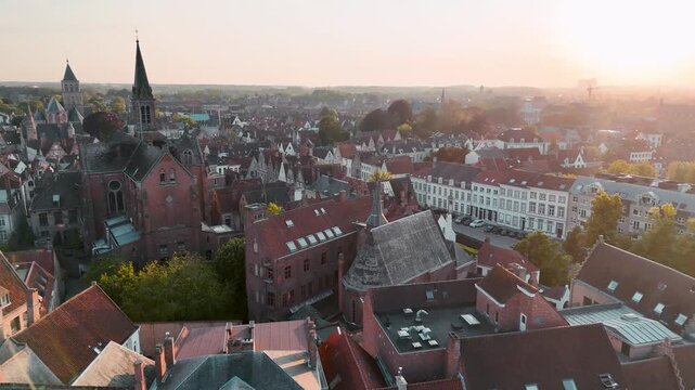 Aerial Sunset View of Bruges Belgium Historic Cityscape and Rooftops