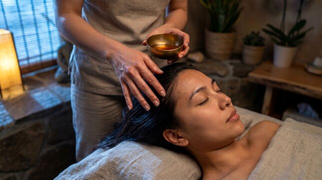 Woman receiving a relaxing head massage with a singing bowl in a spa