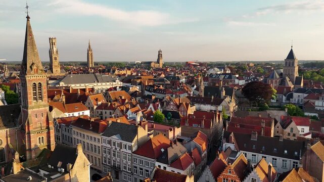 Bruges Skyline at Sunset Aerial Drone View of Medieval Architecture in Belgium