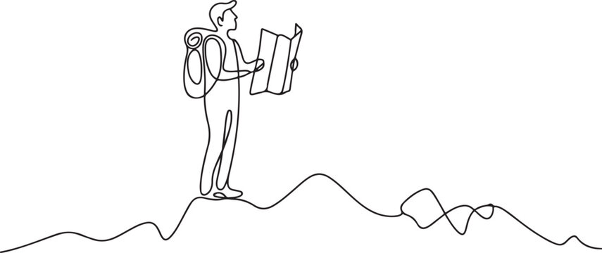 Continuous one line drawing of solo hiker use map at montain. Business, success, leadership, achievement and goal concept. one line icon drawing vector