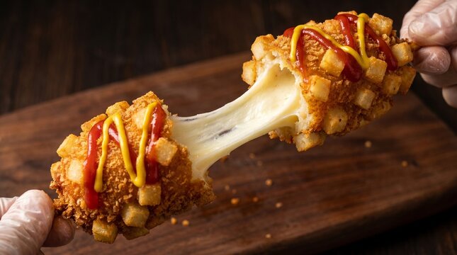 Korean corn dog with crispy potato coating, mozzarella cheese pull, ketchup and mustard drizzle. Isolated on White background