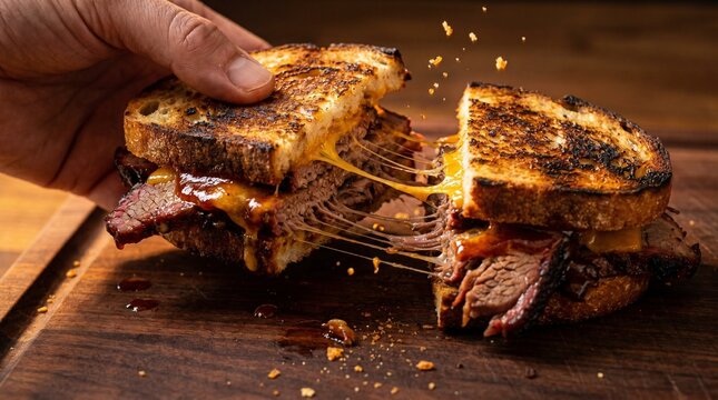 Smoked brisket sandwich with melted cheddar, barbecue sauce, artisan bread and juicy pulled beef texture. Isolated on White background
