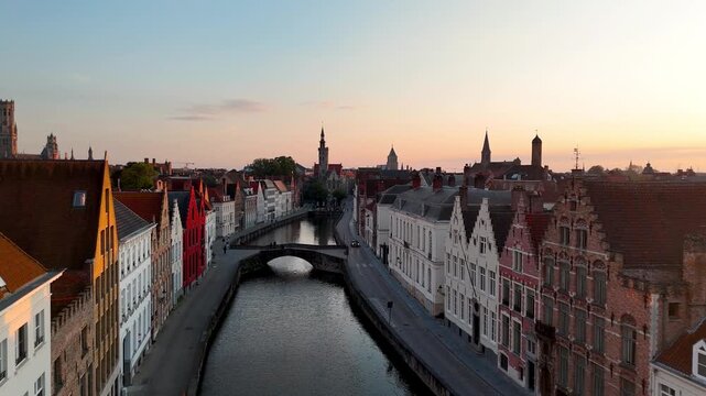 Aerial View of Poortersloge and Canal in Bruges Belgium at Sunset