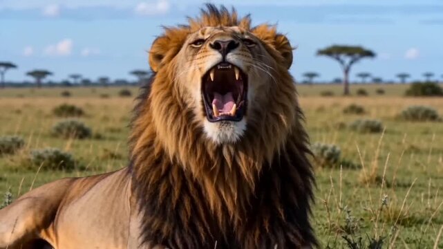 A male lion roars in savannah landscape with acacia trees