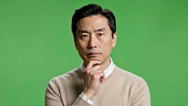 Thoughtful Asian man looking up on green background, serious expression
