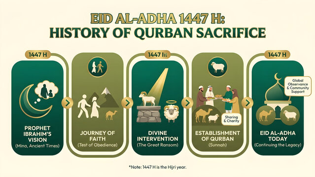 Infographic detailing the history and significance of Qurban sacrifice for Eid al-Adha, illustrating key events from Prophet Ibrahim's vision to modern-day observance.