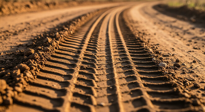 Tire tracks on a dusty rural dirt road in warm sunlight, close-up