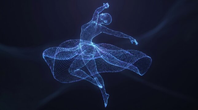 Graceful ballerina dancer formed by glowing blue digital particles on a dark background