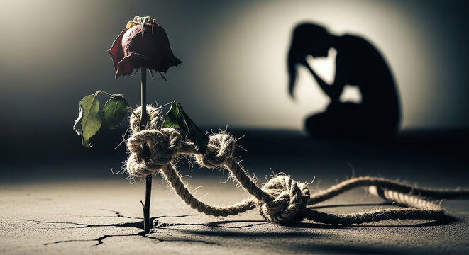 Wilted Rose Tied by Rope, Silhouette of Sad Person in Background