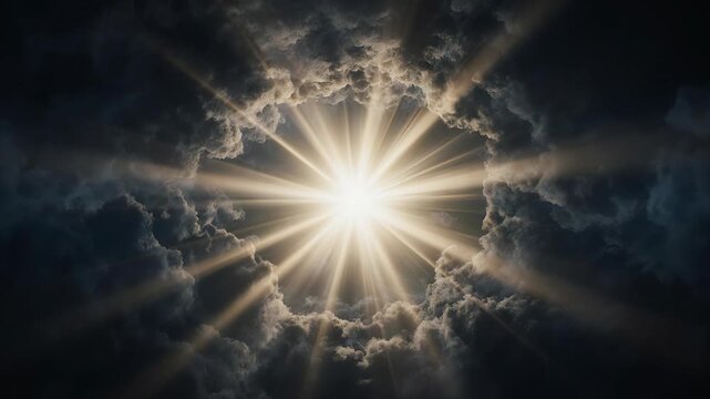 Heavenly light shining through storm clouds with radiant sunburst and dramatic celestial atmosphere