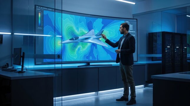 Engineer standing in a laboratory presenting aerodynamics analysis of a jet plane on a massive digital screen