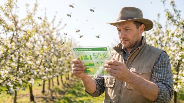 Farmer standing in a blossoming orchard using a transparent digital tablet to monitor real-time bee hive activity