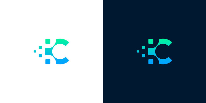 Modern digital letter C logo design with abstract pixel elements representing connectivity and innovation, ideal for technology, communication, and data-driven brands for diverse businesses