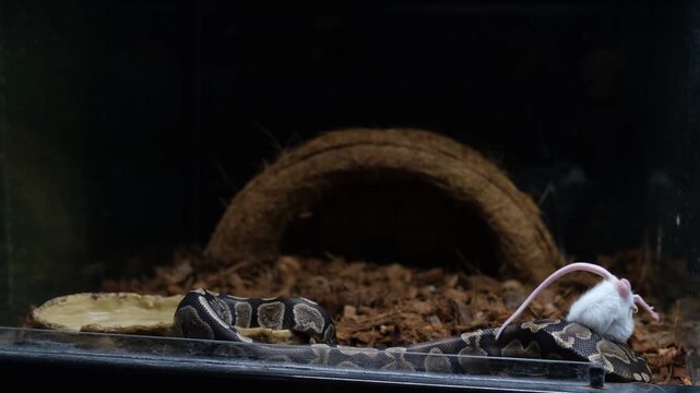 A ball python in its enclosure killing a rat by constriction.