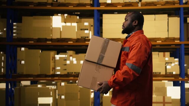 African american man employee coordinating cargo dispatch with safety vest, staff carrying cargo packages from storage racks in fulfillment center. Large business operational performance.