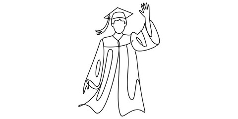 Fototapeta premium Continuous single line drawing of a happy graduate student wearing a graduation gown and cap waving hand in celebration of academic success