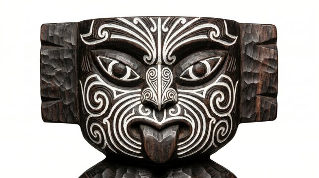 Traditional Maori Wooden Carving with White Ta Moko Facial Tattoos and Protruding Tongue Isolated on White