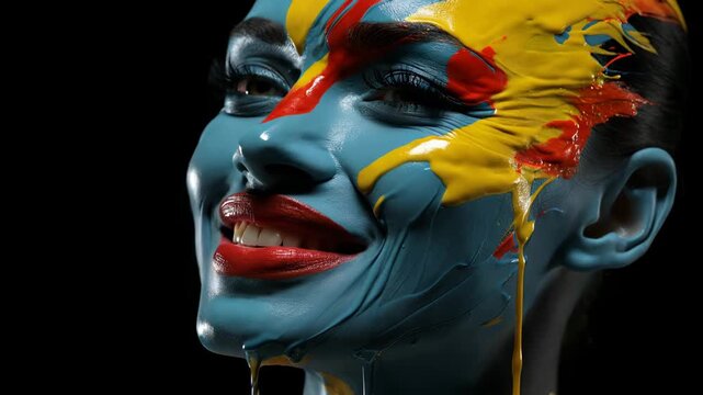 A woman poses as colorful paint runs down her face. She shows different expressions in each close-up. The bright paint creates a striking look.