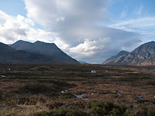 View from the West Highland Way on Rannoch Moor near Glencoe in the Scottish Highlands, showing slopes of Meall a' Bhuiridh, Creise and Stob a' Ghlais Choire and Buachaille Etive Mor. © David