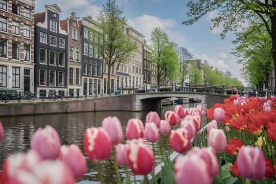 Colorful tulips blooming along a canal with Dutch buildings