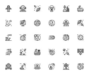 Space and Galaxy icon set. Minimal vector illustration pack. Includes astronaut, rocket, moon rover, planet earth, spaceship, satellite dish, meteorite, space robot and more. © wang