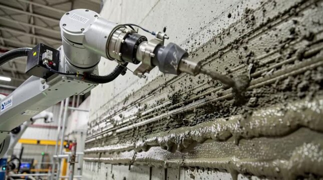 Industrial robotic arm 3D printing concrete layer on wall
