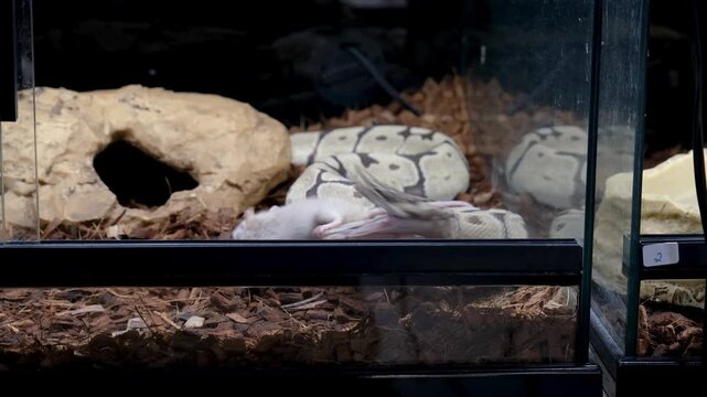 Ball python in its enclosure preying on and killing a rat by constriction.