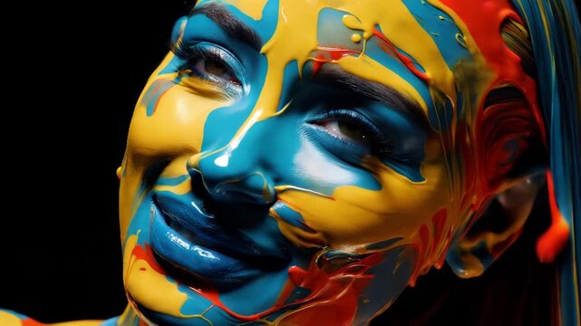 A person is painted with bright colors on their face as they show different facial expressions. This event takes place in an art studio during a creative activity session.