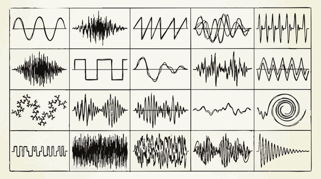 Grid of twenty black and white hand-drawn waveform including sine, square, sawtooth, spiral, and chaotic noise signal patterns
