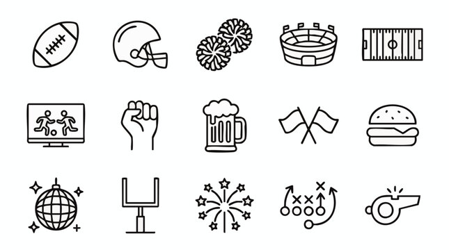 Set of black and white american football featuring a helmet, stadium, goal post, game tactics, cheerleading pom-poms, and party