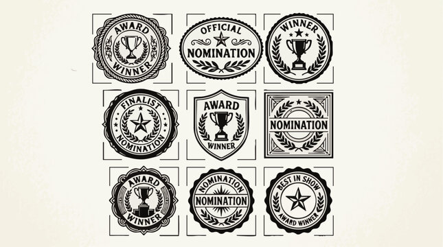 Collection of nine black and white and nomination badges featuring trophy stars, laurel wreaths, and vintage typography frames
