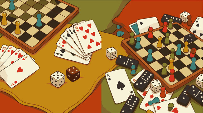 Flat of board games, featuring chessboards with colorful pawns, scattered playing cards, dice, and black domino tiles