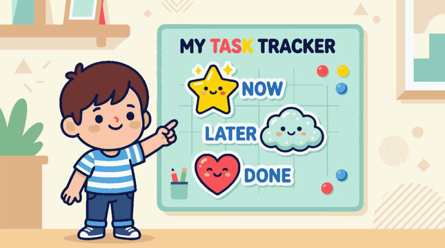 Boy pointing at task tracker board.
