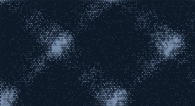 Abstract dark blue pixel noise texture. dark screen display, glowing cyan blue pixel dots, blurred light leak gradients. for tv screen distortion overlays, high tech web. vector graphic.
