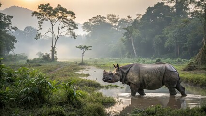 Fototapeta premium Majestic Sumatran Rhinoceros Wading Through a Misty River in Tropical Rainforest