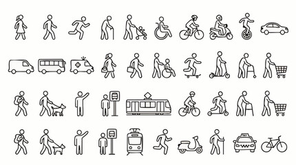 Fototapeta premium Set of black and white line depicting various modes of transportation, pedestrians, people with disabilities, and urban commuters