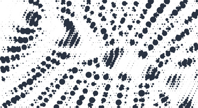 Abstract minimalist black and white halftone pattern. dynamic dotted clusters, swirling dot shapes, clean white background. for subtle modern web layouts, artistic overlays. stock vector.