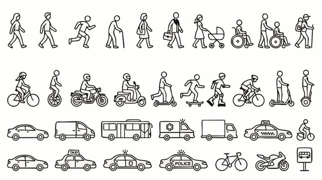 Set of black and white line depicting various modes of transportation, pedestrians, cyclists, and motor vehicles on white background