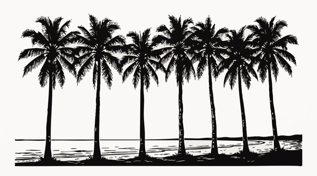 Black and white of a row of seven palm trees standing along a calm shoreline, isolated on a plain white background