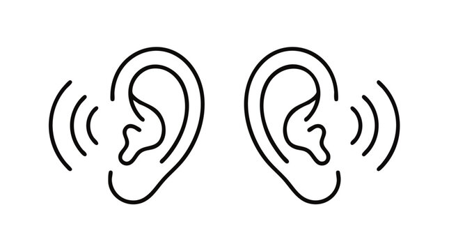 Minimalist black line of two human ears facing each other, surrounded by radiating curved sound wave lines on a white background