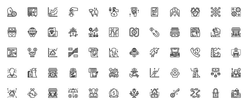 Investment icon set. Finance vector pack. Minimal line art includes Strategy, Vault, Profits, Money bag, Stocks, Cash register, Bear market, Bull market, Real estate, Oil and more. Editable stroke.