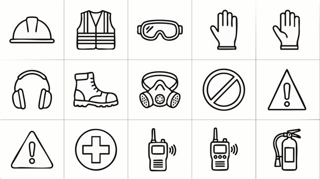 Grid of black and white workplace safety featuring a hard hat, high-visibility vest, safety goggles, gloves, boots, and a respirator