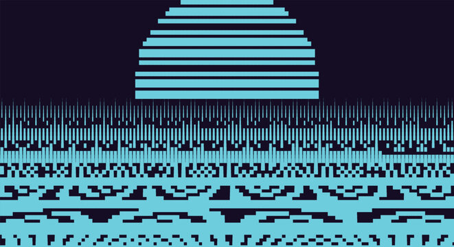 Retro 8 bit pixel art sunset background. blue cyan stepped sun, dark sky, glitch waves, digital horizon. for cyberpunk video game stream layouts, tech web banner prints. retro vector graphic.