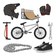Fototapeta premium Bmx bike and equipment vector illustration for sports and recreation