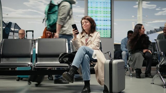 Smiling woman in airport texting friends with smartphone while sitting on metal chair. Happy female traveler passing time with phone during layover before flying to holiday destination, camera A