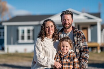Fototapeta premium Happy family in front of their new home on a sunny day