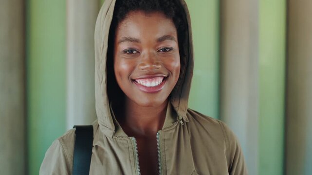 Student, face and girl with smile at college for learning, study opportunity or semester start. Education, black person and backpack on campus for academic course, scholarship or ready for university